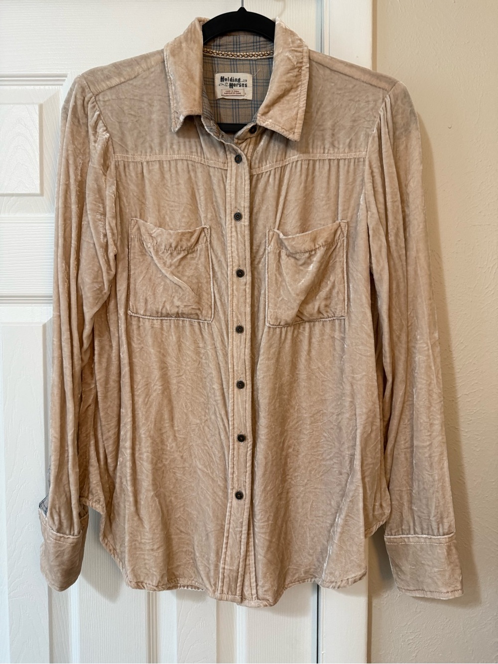 Anthropologie Holding Horses Velvet Button Down size Small Pink Mauve
